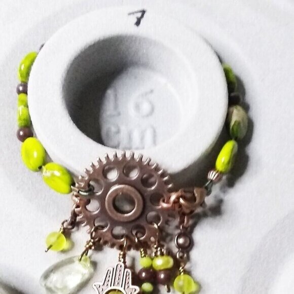 Green Sea Sediment Jasper & Copper Bracelet! Steampunk Elements w. Hamsa Hand - Picture 8 of 9